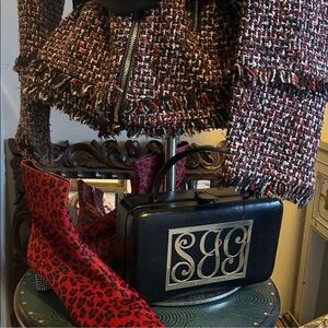 Chic Tweed Jacket and Red Leopard Boots, Vintage Handbag